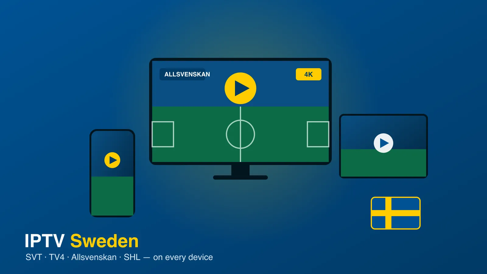 IPTV Sweden on Smart TV, tablet and phone showing SVT, TV4 and Allsvenskan football in 4K